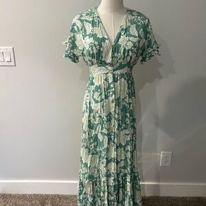 MINKPINK Green and White Flutter Sleeve Maxi Dress